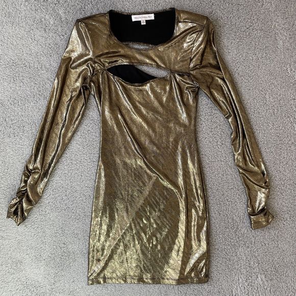 Dress The Population Mini Dress Women Small Gold Metallic Cyberpunk Futuristic - Picture 1 of 13
